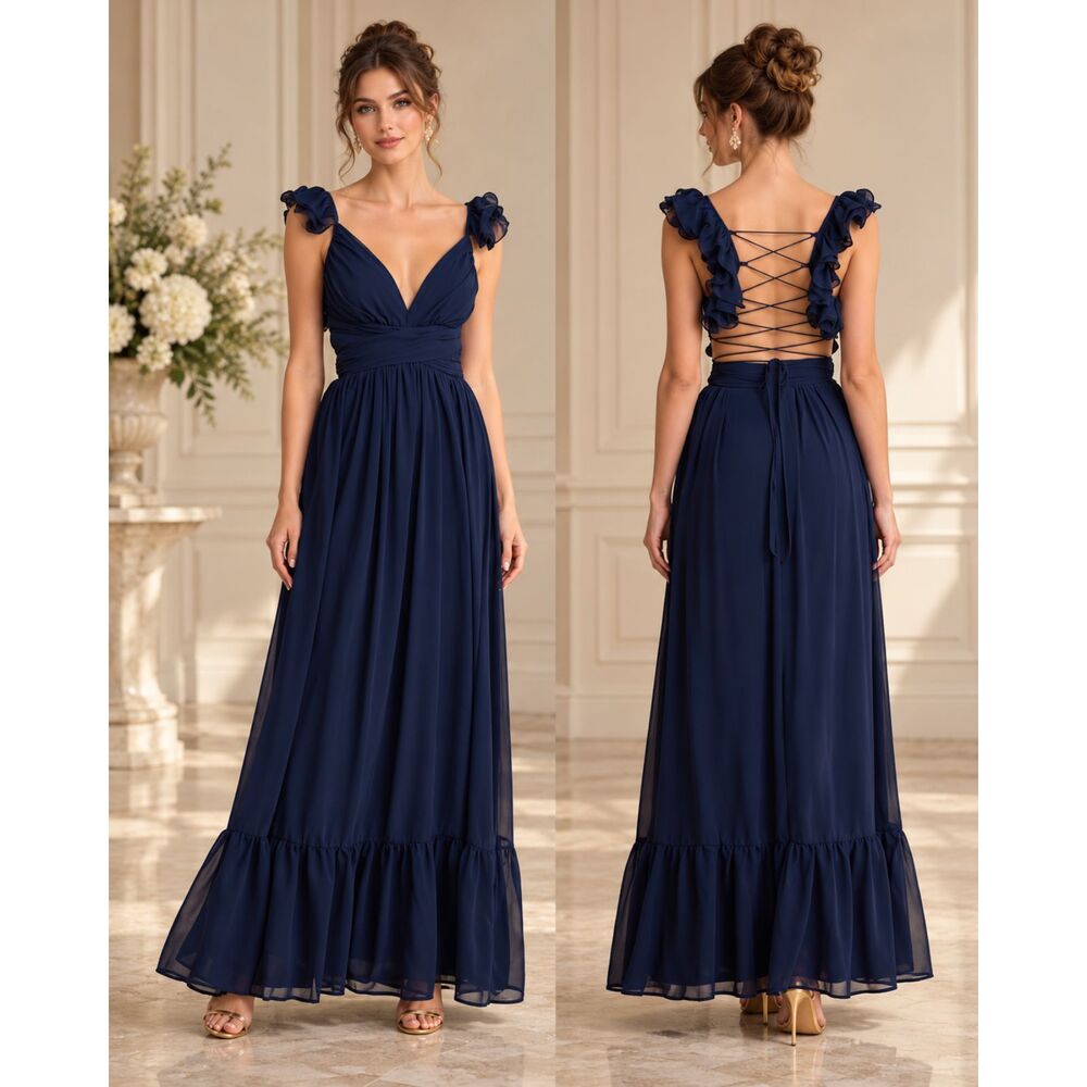 Lulus Soiree Celebration Maxi Dress Navy Blue Ruffled Lace Up Size L NWT